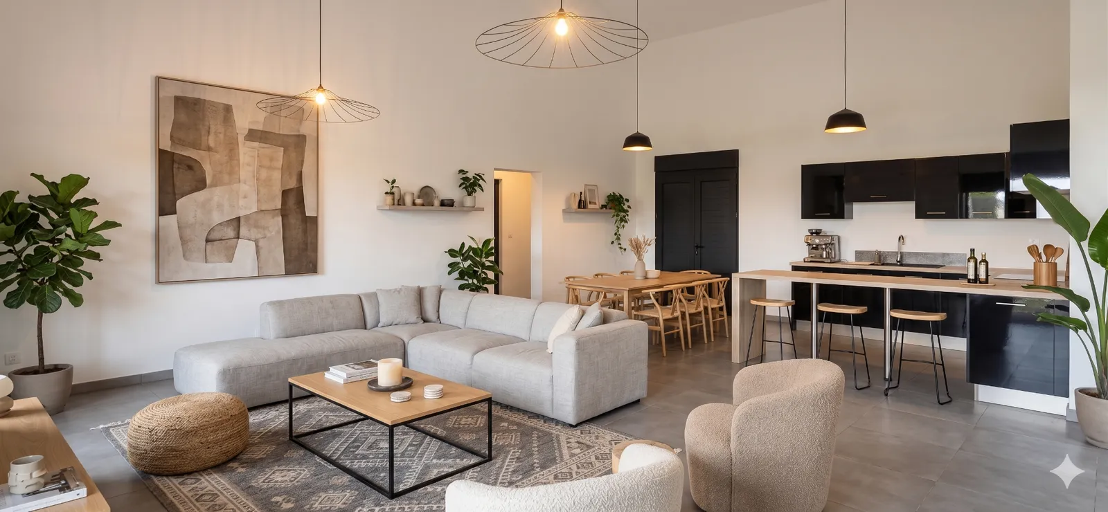Séjour & cuisine ouverte — Villa contemporaine après